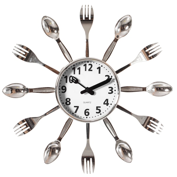 Quickway Imports Decorative 3D Cutlery Utensil Spoon and Fork Wall Clock for Kitchen, Playroom or Bedroom, Silver QI004149.SI - main